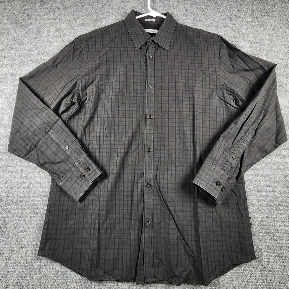 Calvin Klein Mens Large Button Down Shirt Charcoal Grey Purple Check Cotton L/S
